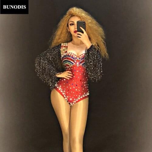 ZD410 Women Sexy Colorful Bodysuit Sparkling Crystals Pearls Nightclub Party Stage Wear Dancer Singer Bling Costumes