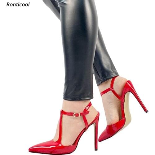 Ronticool Handmade Women T-Strap Glossy Pumps Stiletto Heels Pointed Toe 7 Colors Dress Shoes Women Plus Size 35-47