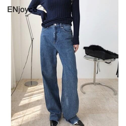 Autumn Winter Women New Personality Cut Hem Jeans High Waisted Vintage Streetwear Loose Straight Denim Pants Female Trousers