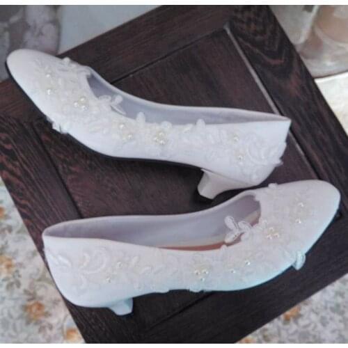 Lace pearls wedding shoes woman plus sizes low med high heel brides lady party proms dress shoes white lace bridal wedding shoe