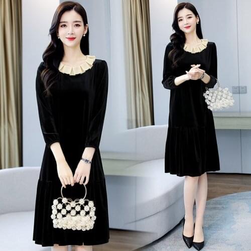 2021 High Quality Black Velvet Sweet Midi Dresses Spring Loose 3XL Plus Size Vintage Dress Autumn Women Elegant Bodycon Vestidos
