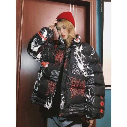 2019 winter trend hip hop animation printed coats for men and women loose oversize thickened medium long cotton coat parkas