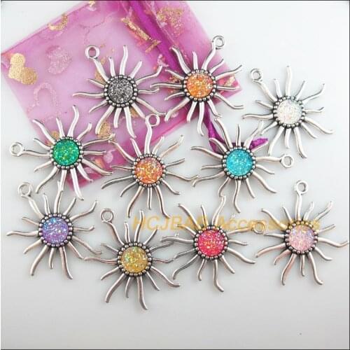 10Pcs Tibetan Silver Tone Retro Sun Mixed Round Resin Charms Pendants 48x49mm