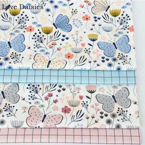 100% Cotton Twill PINK BLUE Cartoon Butterfly Flower Lattice Check Fabrics for DIY Bedding Apparel Dress Sheet Handwork Decor
