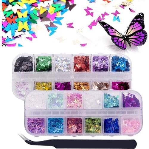 2 Boxes Women Nail Glitter Sequin Mirror Sparkly Butterfly Shaped Nail Art Decor 3D Flakes Slices Art Accessories with Tweezers