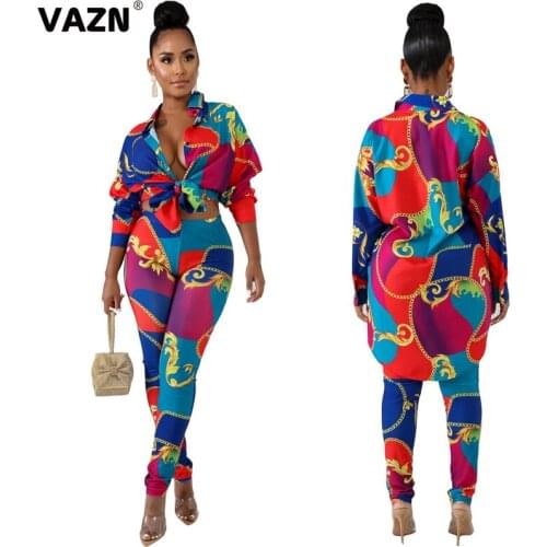 VAZN 2020 Autumn High-End Young Retro Holiday Free Chiffon Full Sleeve X-Long Shirts Group Long Pants Slim Women 2 Piece Set