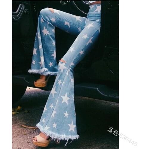 2021 Summer Plus Size High Waist Jeans Trousers Wepbel Womens Star Printed Ripped Jeans Tassled Edge Bell-bottom Denim Pants