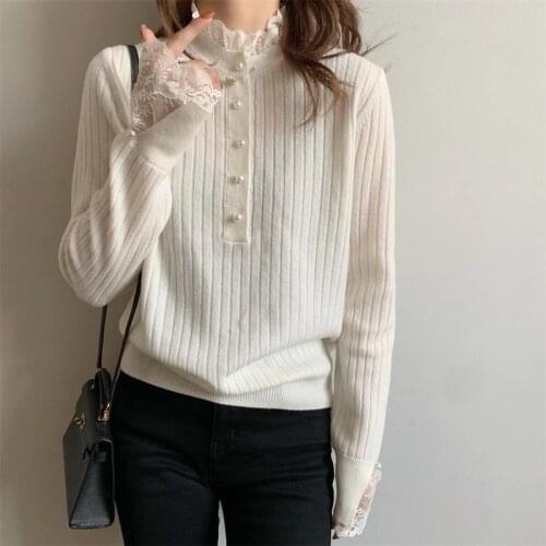 2021 Womens White Lace Sweater Autumn Half High Collar Knitted Thin Sweaters Soft Pullover Jumper Women Full Sleeve Button Tops
