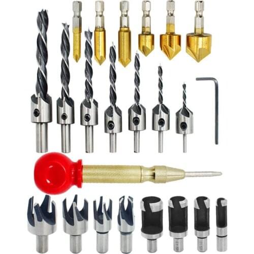 23-Pack Woodworking Chamfer Drilling Tool Countersink Drill Bits Wood Plug Cutter and Automatic