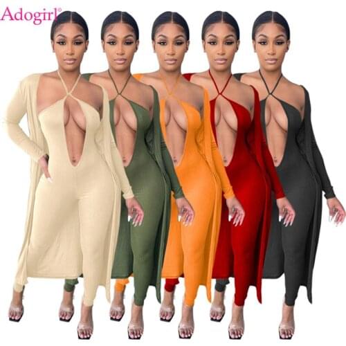 Adogirl Solid Knitting Ribbed Two Piece Outfits Women Sexy Set Halter V Neck Skinny Jumpsuit Long Sleeve Cardigan Suit Wear