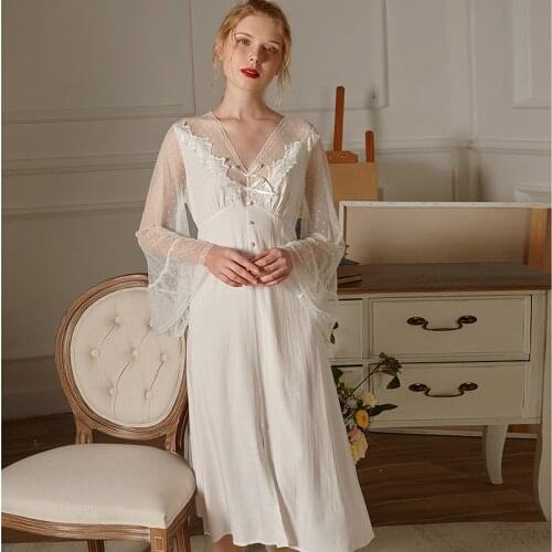 Wasteheart White Women Homewear Lounge Sexy Sleepwear Night Dress Long Mesh Lace V Neck Nightwear Nightgown Sleepwear Court Gown