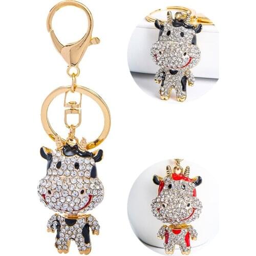 Lovely Cattle Cow keychains Crystal-Charm Pendant Purse Bag Car Key Ring Chain Wedding Party Jewelry Favorite Gift