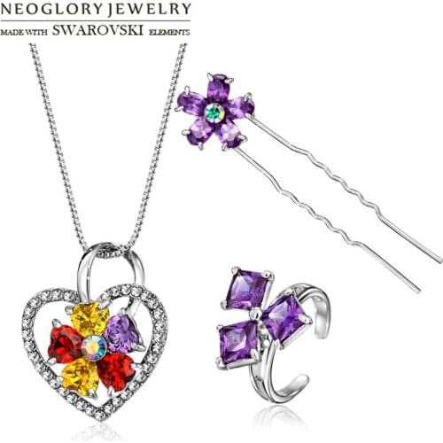 Neoglory Austria Rhinestone & Zircon Jewelry Set Romantic Love Heart & Flower Style Alloy Plated Necklace & Ring & Hair Clip