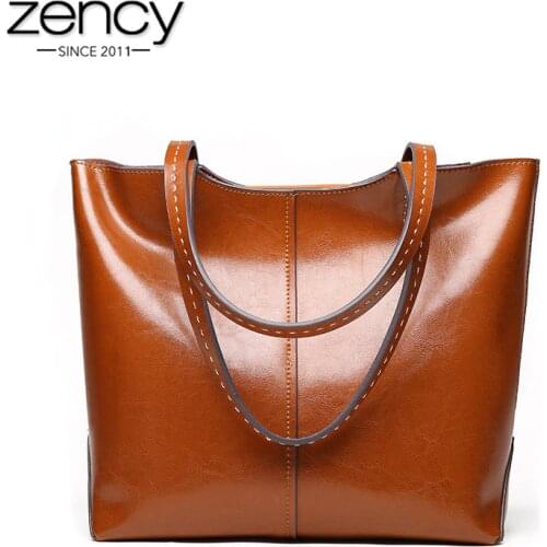 Zency 100% Genuine Leather Fashion Women Shoulder Bag Retro Brown Tote Handbag Large Capacity Lady Shopping Bag Black Grey