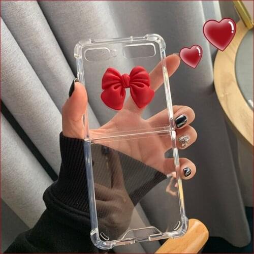Girl Fashion Cute DIY Red Bowknot Case Cover For Samsung aGalaxy Z Flip Protective Shockproof Anti-Scratch Transparent Case