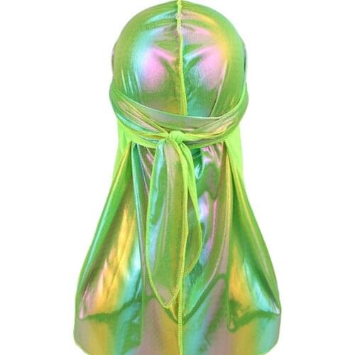 Mens Laser Silky Durag Unisex Colorful Hip hop Cap Fashion Headwrap Long Tail Polyester Turban