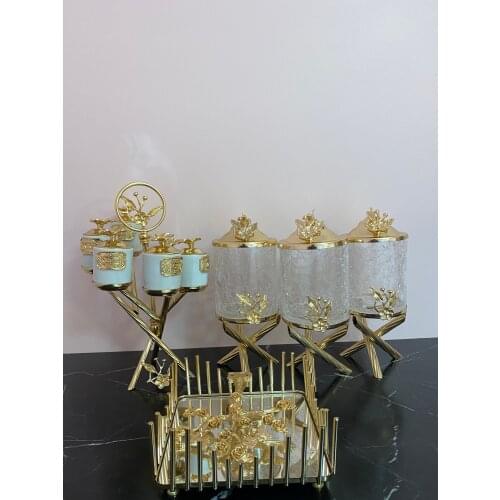 Home Jar Set Spice Set Stand Napkin Holder Crystal Look Metal Fan Plated Decoration And Set Kitchen Presentation Utensils Gold