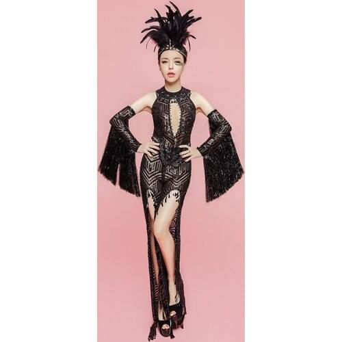 2020 Women New Black Mesh Sequins Birthday Dance Outfit Dance Nightclub Clothes Stage Female Singer Show Stretch Tassel Set