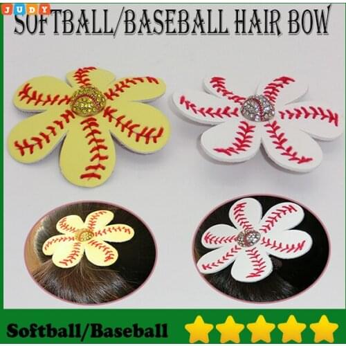 New Arrival Softball Flower clips Leather Seamed Softball Bows With Rhinestone Clip Pin Baseball