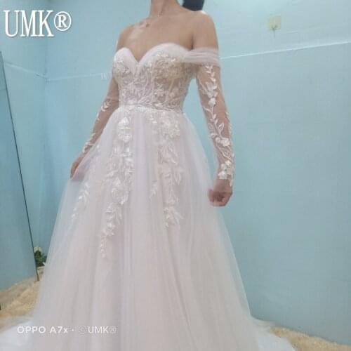 UMK Romantic Beading Lace A-Line Wedding Dress Sexy Off the Shoulder Detachable long sleeve Appliques Wedding Gowns