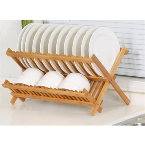 OUNONA Folding Bamboo Dish Rack Drying Rack Holder Utensil Drainer Plate Storage Holder Plate Wooden Flatware Dish Rack