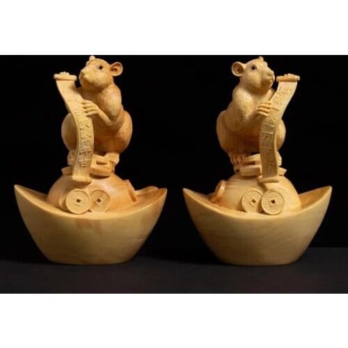 Ingot Mouse Boxwood Sculpture Living Room Decoration Feng Shui Solid Wood Crafts Lucky Zodiac Rat Statue Home Decor Sculpture
