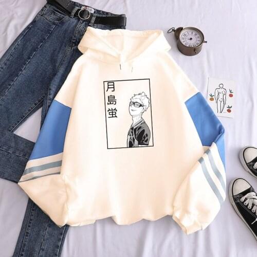Japan Anime Haikyuu Manga Tsukishima Kei Print Hooded Sweatshirts Women Funny Cartoon Volleyball Club Oversize Patchwork Hoodie