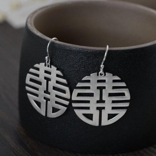 FNJ Matte Lucky Earrings 925 Silver Original Pure S925 Sterling Silver Drop Earring for Women Jewelry Good Lucky Chinese Xi