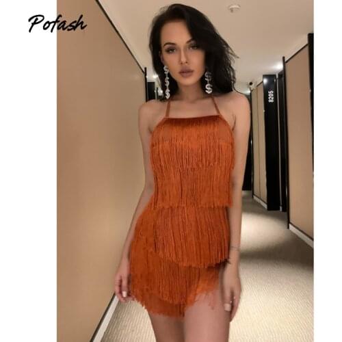 Pofash Coffee Solid Tassel Summer Playsuits Backless Tie Halter Sexy Sleeveless Club Party Rompers Female Bodycon Jumpsuits 2021