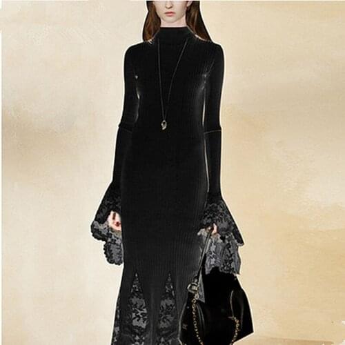 2021 T-Show Autumn Winter Black Dress Vintage Petal Sleeve Party Dresses Womens Lace Dress Long Vestido Dress