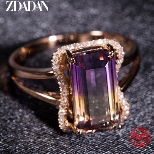 ZDADAN 925 Sterling Silver Amethyst Zircon Ring For Women 18K Gold Finger Ring Fashion Wedding Jewelry Gift