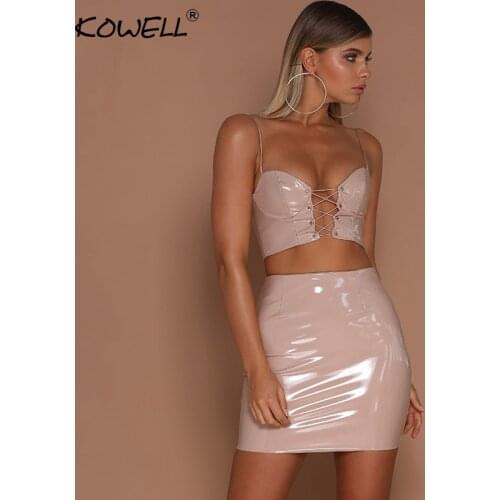 Sexy Lace Up Two Pieces Leather Dress Women Sexy Spaghetti Strap Bandage Bodycon Mini Dress Vestidos 2019 Summer Dress Short