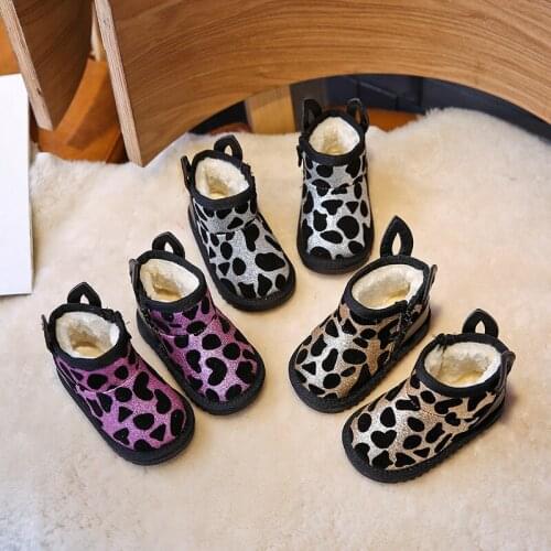 Leopar Snow Boots Baby Girls Plush Boots Warm Winter Non-slip Soft Bottom Outdoor 3D Ear Cotton Kids Girls Shoes