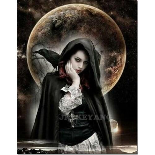 5D DIY Diamond Painting Cross Stitch Fantasy woman witch crow Diamond Mosaic Full Square Round Diamond Embroidery Crafts A1856