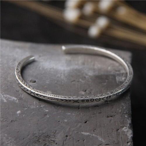 925 Sterling Silver Handmade Bracelet Literature and Art Simple Trendy Opening Adjustable Carved Handrings For Womens Jewelry