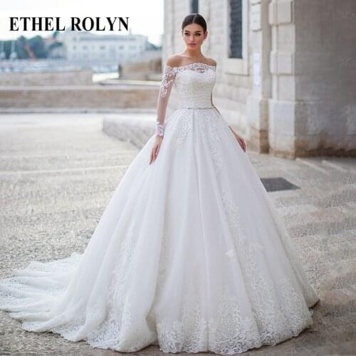 ETHEL ROLYN Princess Wedding Dress 2020 Glamorous Boat Neck Long Sleeve Bride Dresses Appliques Lace Up A-Line Bridal Gowns