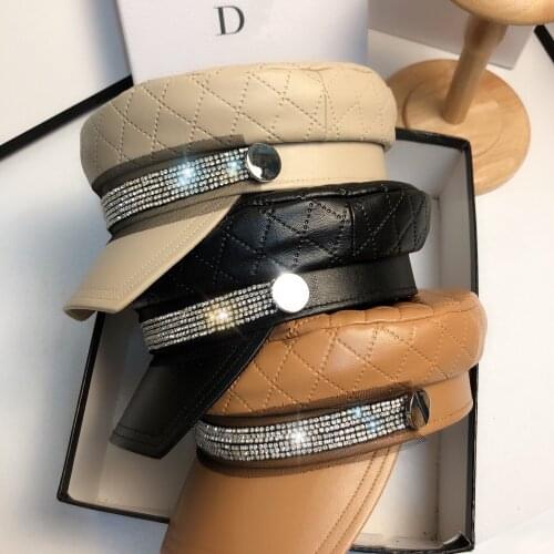 Sailor Hats for Women Men Plaid Flat Top Rectangle Brim Crystal Stones Band Luxury Designer Newsboy Caps Leather Octagonal Hats