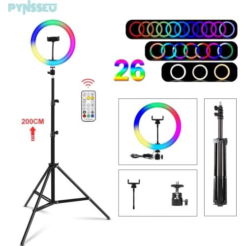 PYNSSEU RGB Video Ring Lamp with Tripod Phone Clip Photography Colorfuls Light Ring with Remote Control for Video Live YouTube