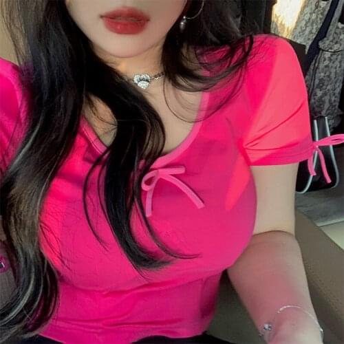 Summer Cute Bodycon Crop Top Women T-Shirts Fashion O-Neck Casual Puff Short Sleeve Bow Tees Mujer Clothes Streetwear Female T