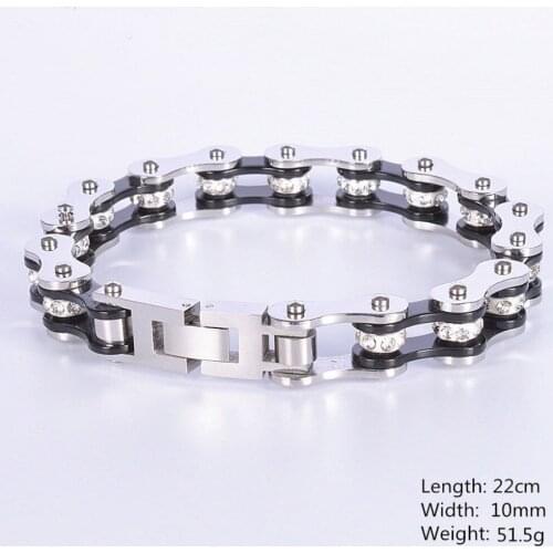 Fashion Jewelry Stainless Steel Silver Color Black Top CZ Shiny Crystal Motor Bicycle Chain Mens Womens Bracelet Bangle 8.66