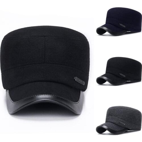 Mens Flat Top Hat Classic Woolen Military Hat Vintage Flat Top Caps Winter Warm Earflap Hats Army Adjustable Warm Cadet Hats