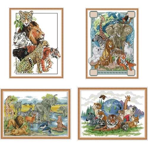 Animal World Cross Stitch Kit 14ct 11ct White Canvas Cross Stitch Tiger Lion Elephant Animal Embroidery DIY Manual Needlework