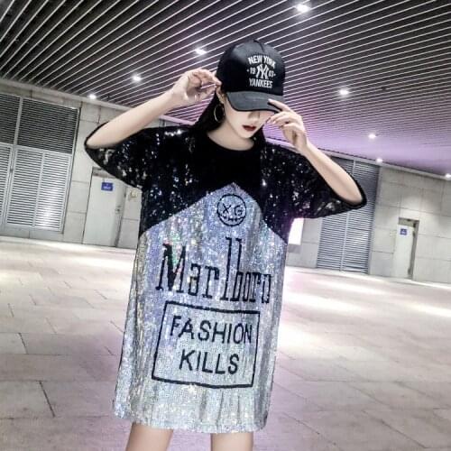 Thailand Tide Fashion Foreign Style Sequined 2021 Summer New Sequin Nightclub Outfit Loose Short-sleeved Mid-length T-shirt