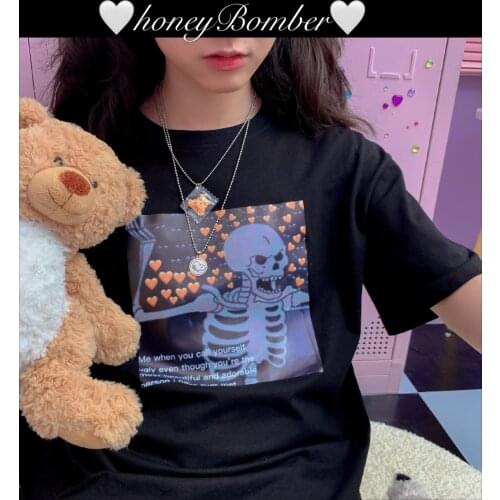 Punk Skull Heart Graphic Cute Harajuku Grunge T-Shirt Vintage personality Japan Casual kawaii Letter Loose Women Streetwear Tops