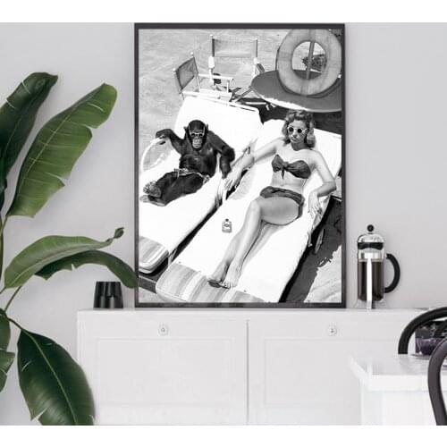Woman and Chimpanzee Print Black White Photography Poster Modern Minimalist Wall Art Pictures Canvas Painting Home Room Decor