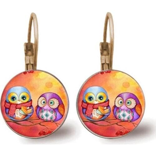 New Owl Earrings Ladies Glazed Face Brincos Perola Art Picture Dome Round Earrings Jewelry Holiday Gift