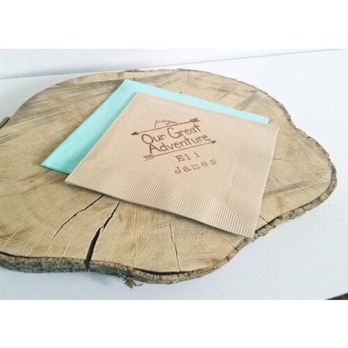 Custom Shower Napkins Our Great Adventure Baby with Babys Name Light Burlap with Sepia ink tribal baby shower Cocktail napkins