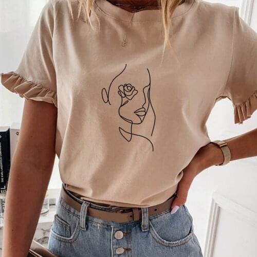 Casual Ruffles Short Sleeve Plus Size T Shirts Women Fashion Solid Face Print Loose T Shirt Spring Summer All-match Top Ladies