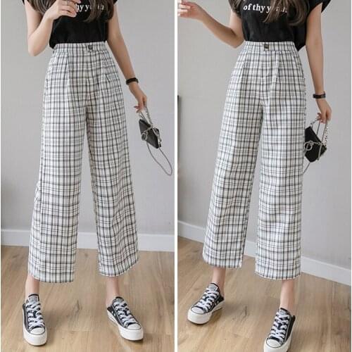 Retro plaid pants womens high waist large size wide leg casual pants 2021 fashion jogger clothes street clothes