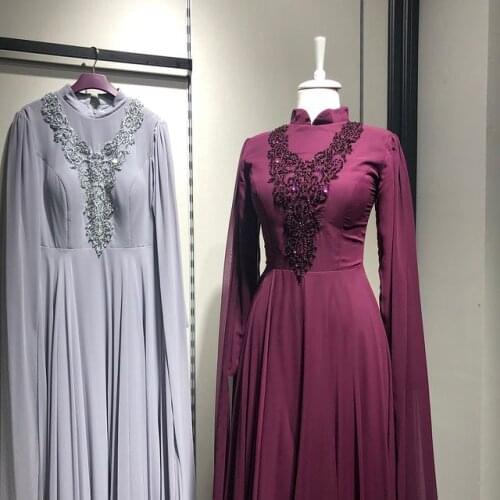 Chiffon Beaded Long Sleeve Muslim Prom Dress A Line Saudi Arabic Evening Formal Party Gowns платье robe de soirée